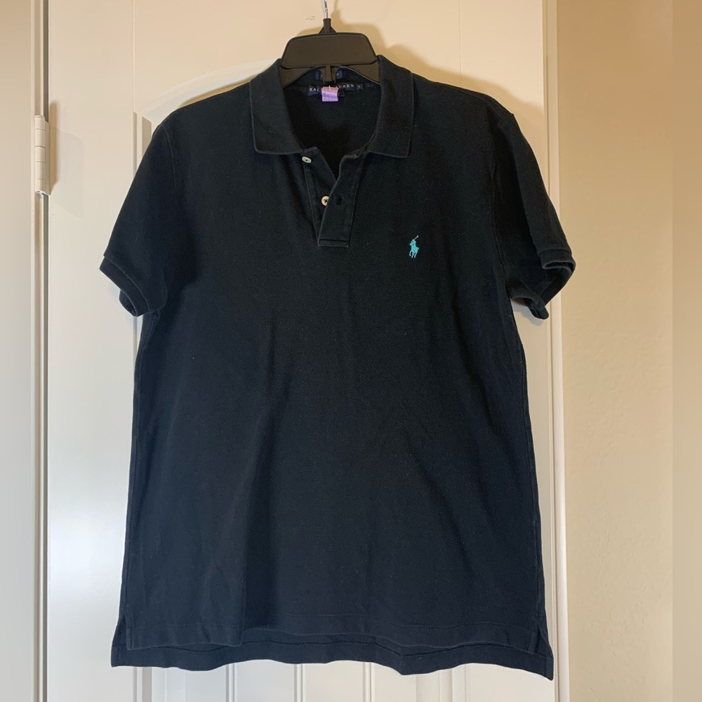 Ralph Lauren Women’s Black Short Sleeve Polo Shirt With Teal Pony l Large l DC